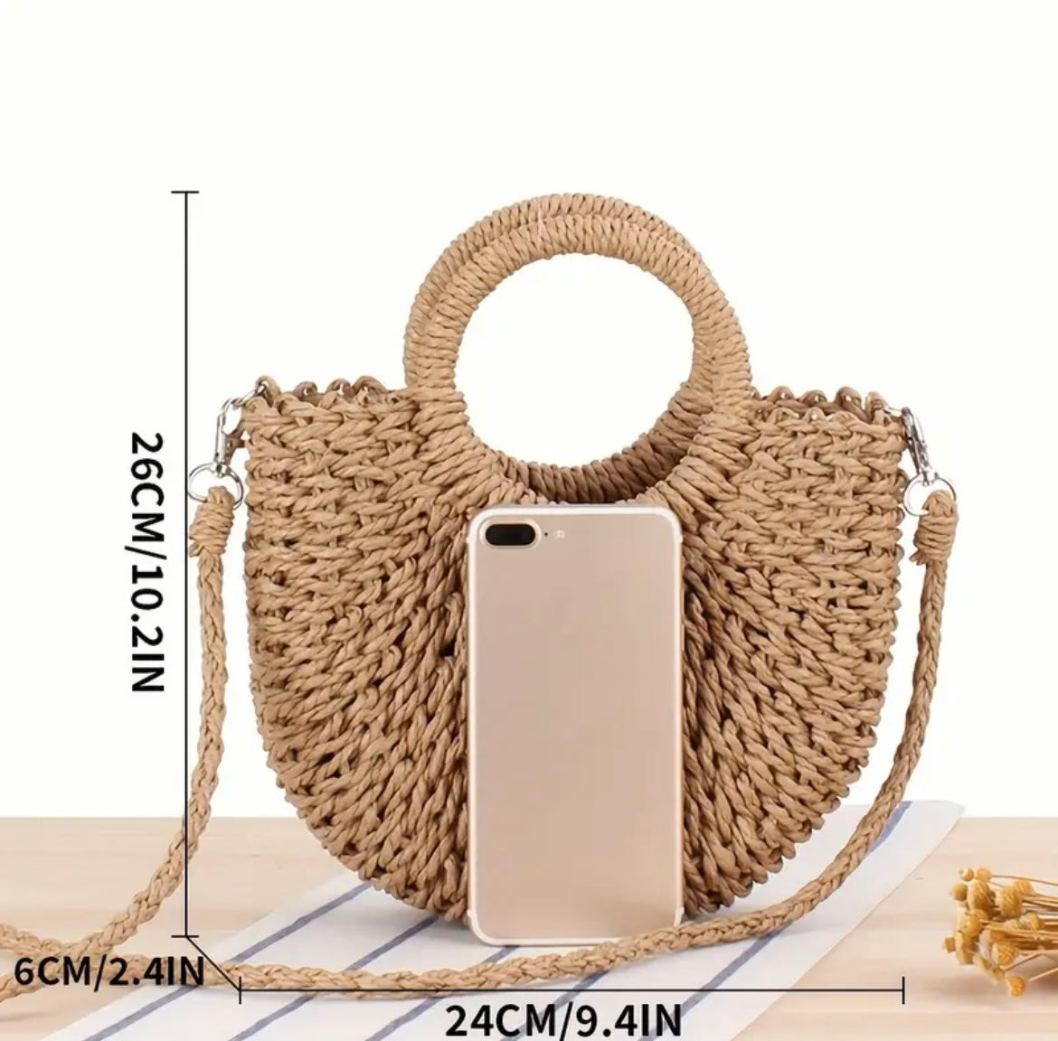 Sac bandoulière en paille tissé à la main – Boho Chic avec bandoulière amovible