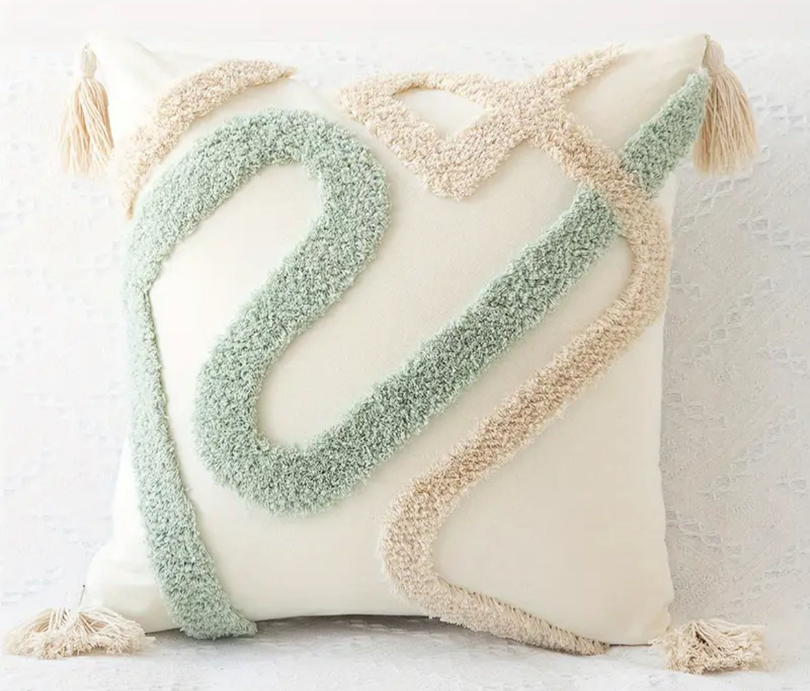 Modern Textured Throw Pillow Cover – Soft Beige & Sage Green Accents